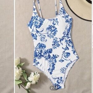 Blue and white floral once piece swimsuit
